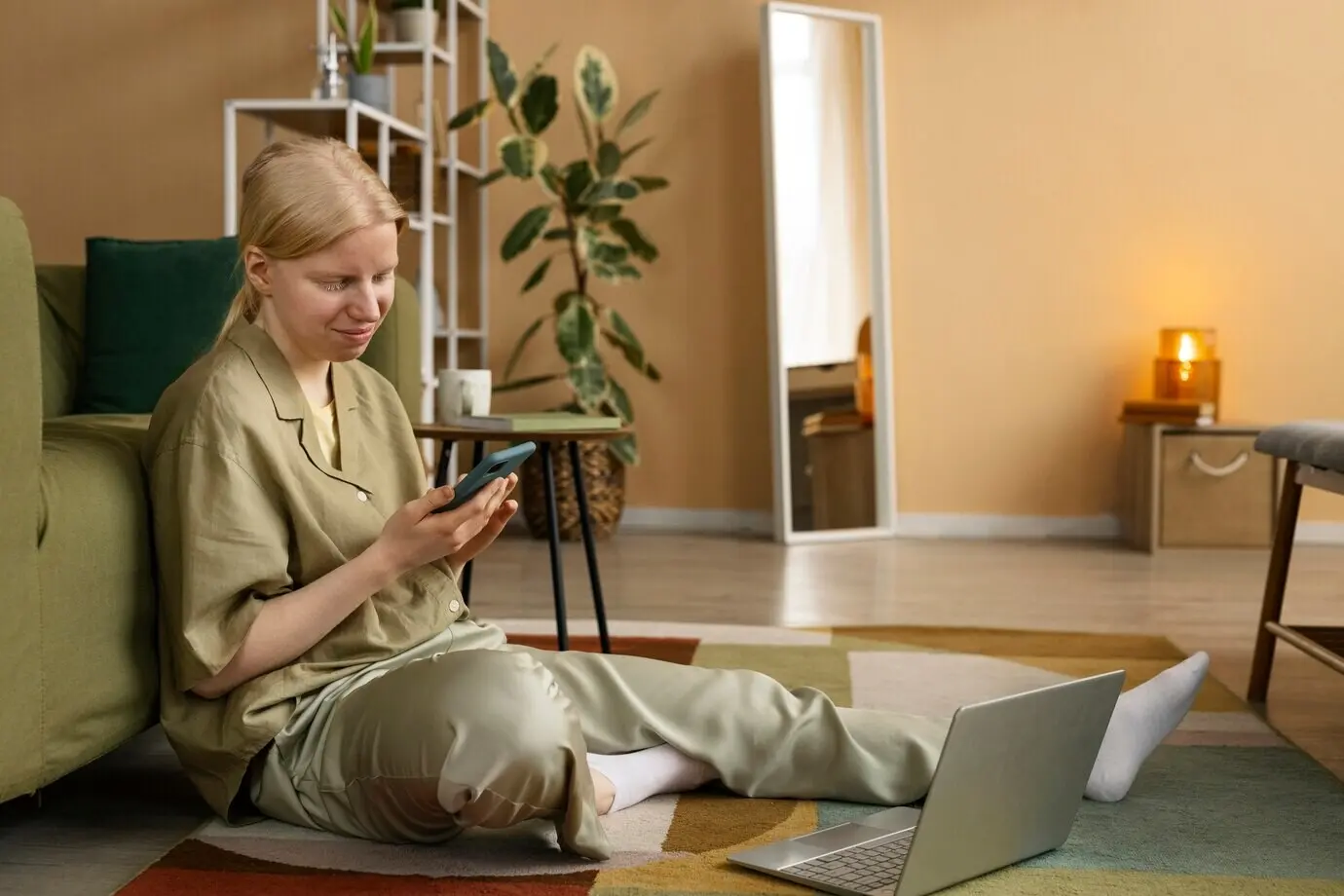 Ganzkörperaufnahme einer Frau mit Albinismus, die auf dem Boden sitzt.